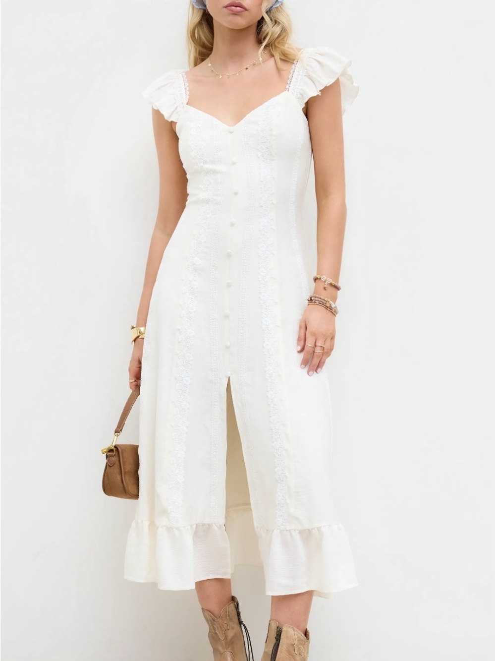 CIDER Ivory Lace-Panel Ruffle Midi Dress